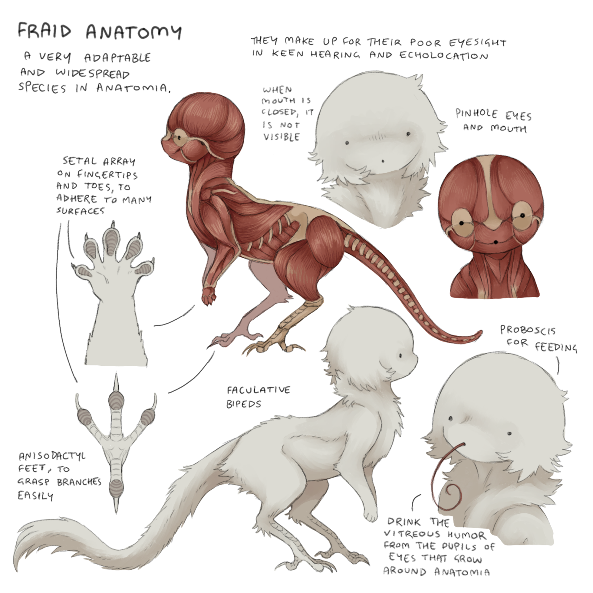 jejejunum, original, highres, :o, anatomy, animal focus, biology, bird legs, body fur, creature, diagram, exposed muscle, fraid, proboscis, reference sheet, simple background, solid circle eyes, white background, white fur