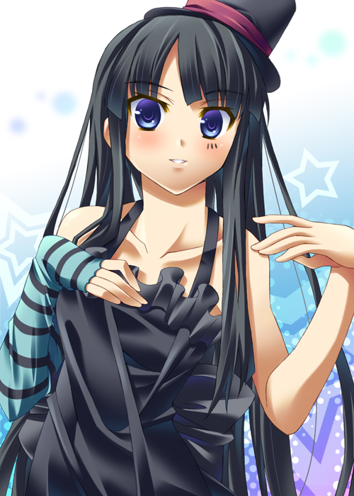 ibuki mana, akiyama mio, don't say "lazy", k-on!, bad id, bad pixiv id, 00s, 1girl, black hair, blue eyes, dress, facepaint, female focus, fingerless gloves, gloves, hat, long hair, solo, top hat