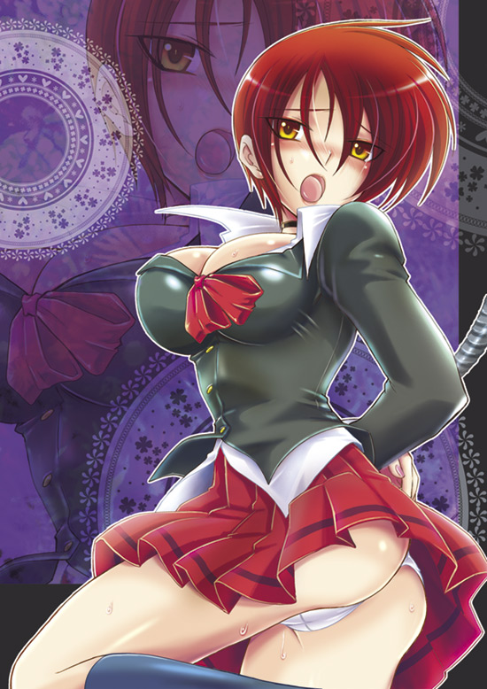 kip, kouno yuki (kip), yagami iori, snk, the king of fighters, gender request, 1girl, ass, blush, bow, breasts, brown hair, cameltoe, choker, cleavage, dress shirt, female focus, genderswap, jacket, kneehighs, large breasts, lips, lipstick, looking back, makeup, midnight bliss, miniskirt, open mouth, panties, pleated skirt, red hair, ribbon, shirt, short hair, skirt, socks, solo, standing, sweat, unbuttoned, underwear, upskirt, white panties, yellow eyes, zoom layer