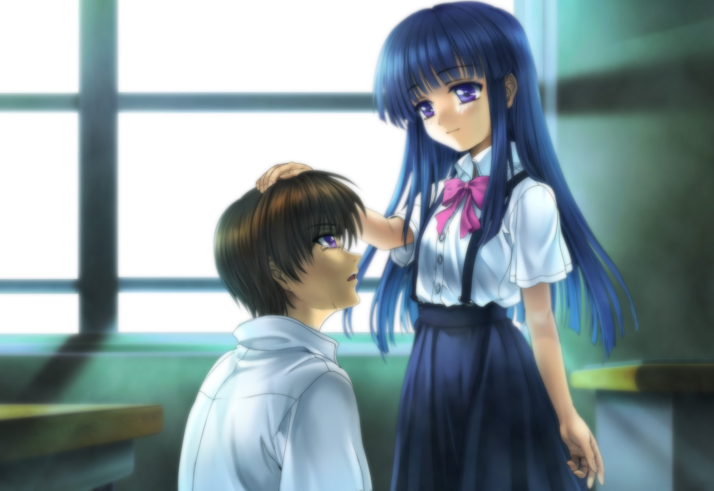 mutsuki (moonknives), ryukishi07, furude rika, maebara keiichi, higurashi no naku koro ni, bad id, bad pixiv id, 00s, 1boy, 1girl, blue eyes, blue hair, brown hair, classroom, crying, long hair, purple eyes, school, tears