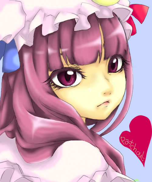 shubecchi, patchouli knowledge, touhou, bad id, bad pixiv id, 1girl, female focus, hat, heart, long hair, purple eyes, purple hair, simple background, solo