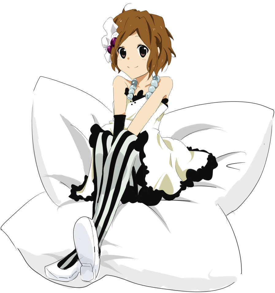 yuki11241124, hirasawa yui, don't say "lazy", k-on!, bad id, bad pixiv id, 00s, 1girl, black & white, brown eyes, brown hair, dress, female focus, pantyhose, patterned legwear, pillow, shoes, sitting, smile, solo, striped clothes, striped pantyhose, vertical-striped clothes, vertical-striped pantyhose, white dress, white shoes