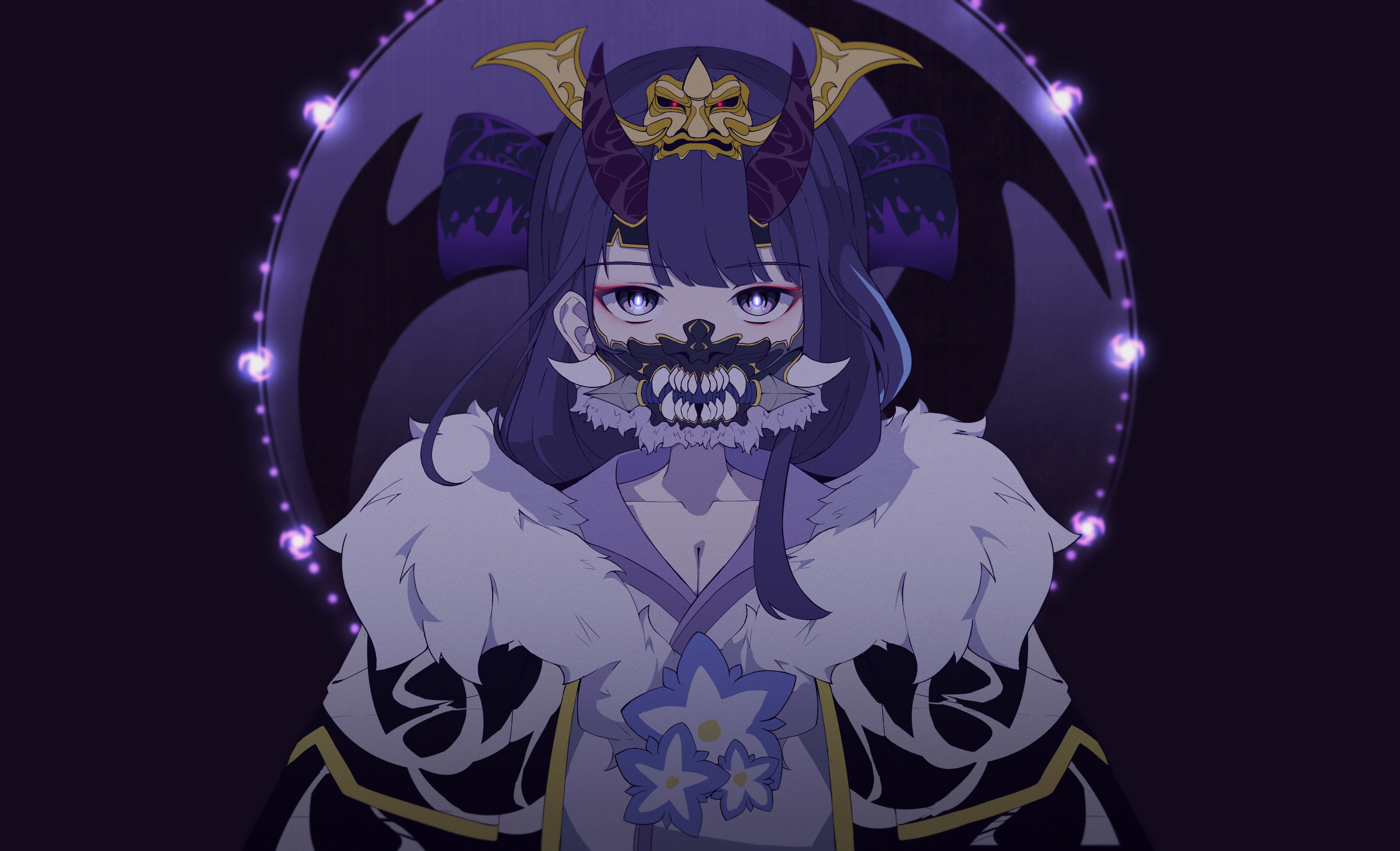 amadeus (amadeus0903), raiden shogun, genshin impact, absurdres, commentary, english commentary, highres, 1girl, alternate costume, alternate universe, blunt bangs, breasts, cleavage, coat, collarbone, electro symbol (genshin impact), eyeliner, fake horns, fangs, flower, fur trim, glowing, glowing eyes, glowing pupils, gradient background, headpiece, horns, japanese clothes, large breasts, long hair, makeup, mask, mitsudomoe (shape), mouth mask, multicolored eyes, multicolored hair, purple background, purple eyes, purple pupils, red eyeliner, redesign, sharp teeth, solo, standing, streaked hair, teeth, tomoe (symbol), upper body, white fur