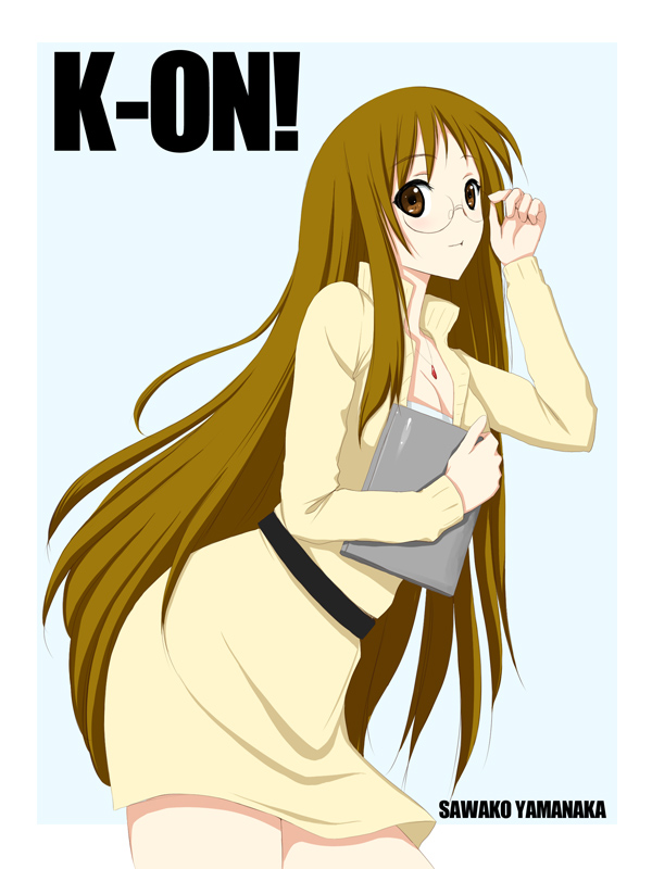 niwatori kokezou, yamanaka sawako, k-on!, 00s, 1girl, adjusting eyewear, belt, book, breasts, brown eyes, brown hair, cleavage, dress, female focus, glasses, jewelry, long hair, medium breasts, necklace, no legwear, pencil skirt, skirt, solo, sweater, sweater dress, teacher