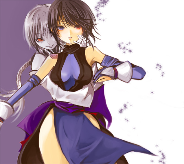 m2, shiki (samurai spirits), samurai spirits, snk, bad id, bad pixiv id, black hair, detached sleeves, elbow gloves, gloves, heterochromia, hug, hug from behind, japanese clothes, short hair, tattoo, time paradox