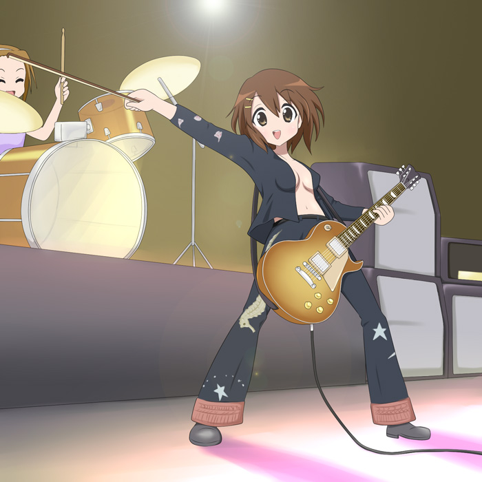 qwer, hirasawa yui, jimmy page, tainaka ritsu, k-on!, led zeppelin, 2girls, alternate costume, bow (music), breasts, brown eyes, brown hair, cosplay, drum, drum set, electric guitar, gibson les paul, guitar, instrument, jimmy page (cosplay), medium breasts, multiple girls, no bra, open clothes, open shirt, parody, shirt, short hair