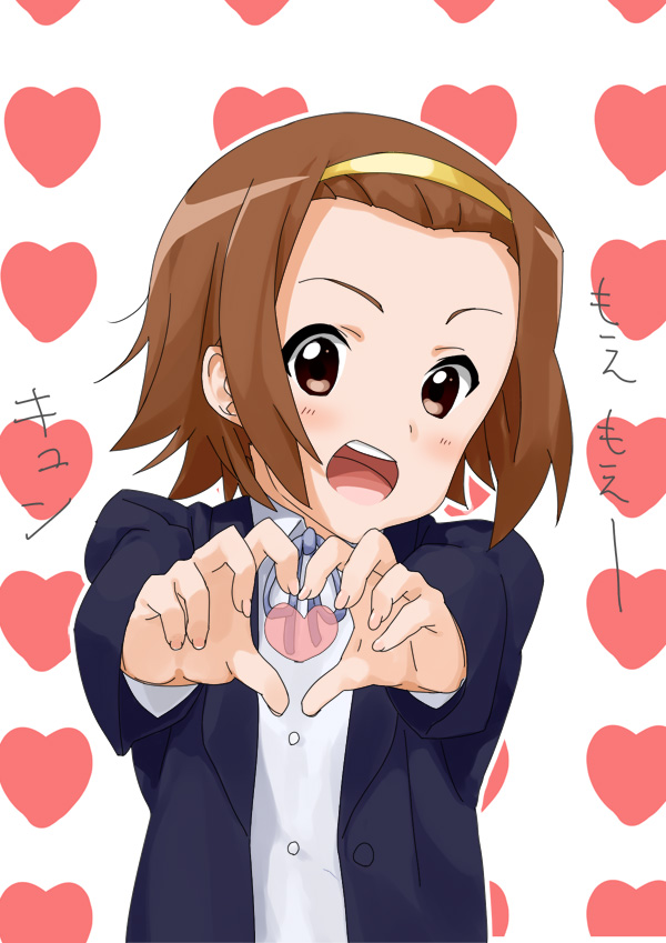 kaisen chuui, tainaka ritsu, k-on!, 00s, 1girl, brown eyes, brown hair, female focus, hairband, heart, heart hands, moe moe kyun!, school uniform, short hair, solo, tomboy