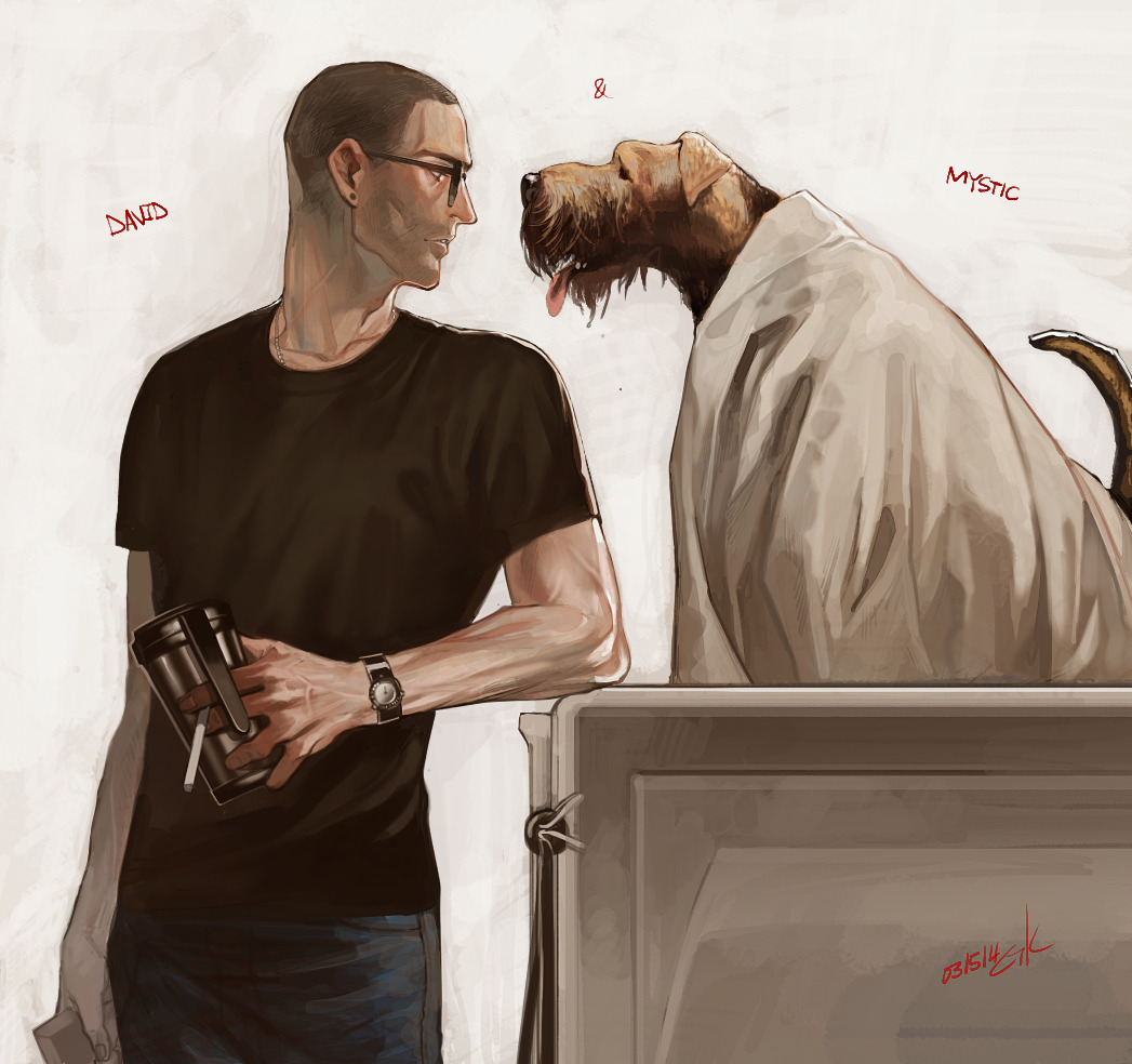 original, 1boy, black shirt, brown eyes, cigarette, ctkcave, cup, denim, dog, english text, glasses, holding, holding cigarette, holding cup, jeans, looking at another, male focus, on table, pants, piercing hole, shaved head, shirt, simple background, solo, table, tongue, tongue out, watch, white background, white blanket, wristwatch