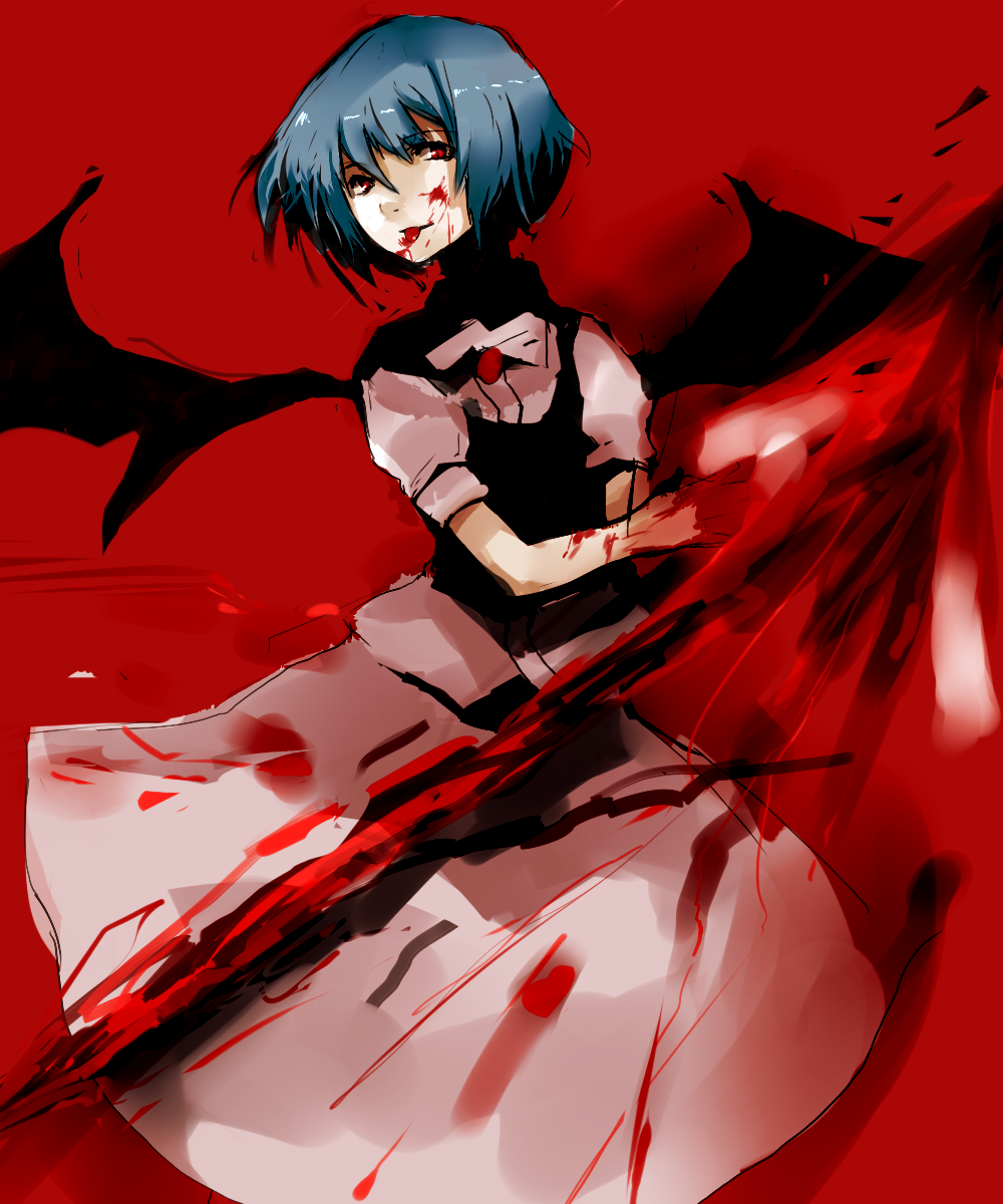 un-known (ninesix), remilia scarlet, touhou, bad id, bad pixiv id, highres, 1girl, bat wings, blood, blue hair, female focus, polearm, red eyes, short hair, solo, spear, spear the gungnir, standing, weapon, wings