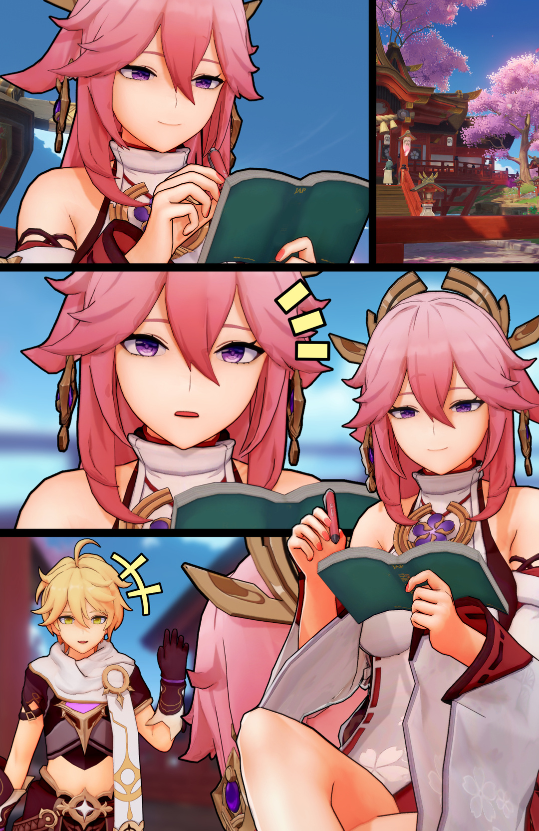 actualekusu, aether (genshin impact), yae miko, genshin impact, highres, 1boy, 1girl, ahoge, animal ears, arm armor, blonde hair, book, braid, brown shirt, detached sleeves, earrings, floppy ears, fox ears, japanese clothes, jewelry, kimono, long hair, low-braided long hair, low-tied long hair, pink hair, purple eyes, purple kimono, scarf, shirt, short hair with long locks, smile, tomoe (symbol), vision (genshin impact), white scarf, wide sleeves, writing, yellow eyes