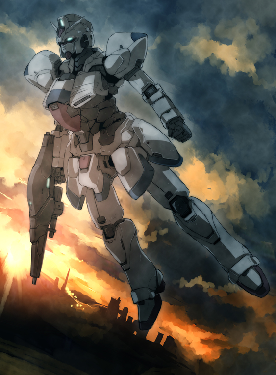 hamushima, gundam, original, victory gundam, bad id, bad pixiv id, 1990s (style), beam rifle, cloud, energy gun, flying, gun, mecha, retro artstyle, robot, sky, sunlight, weapon