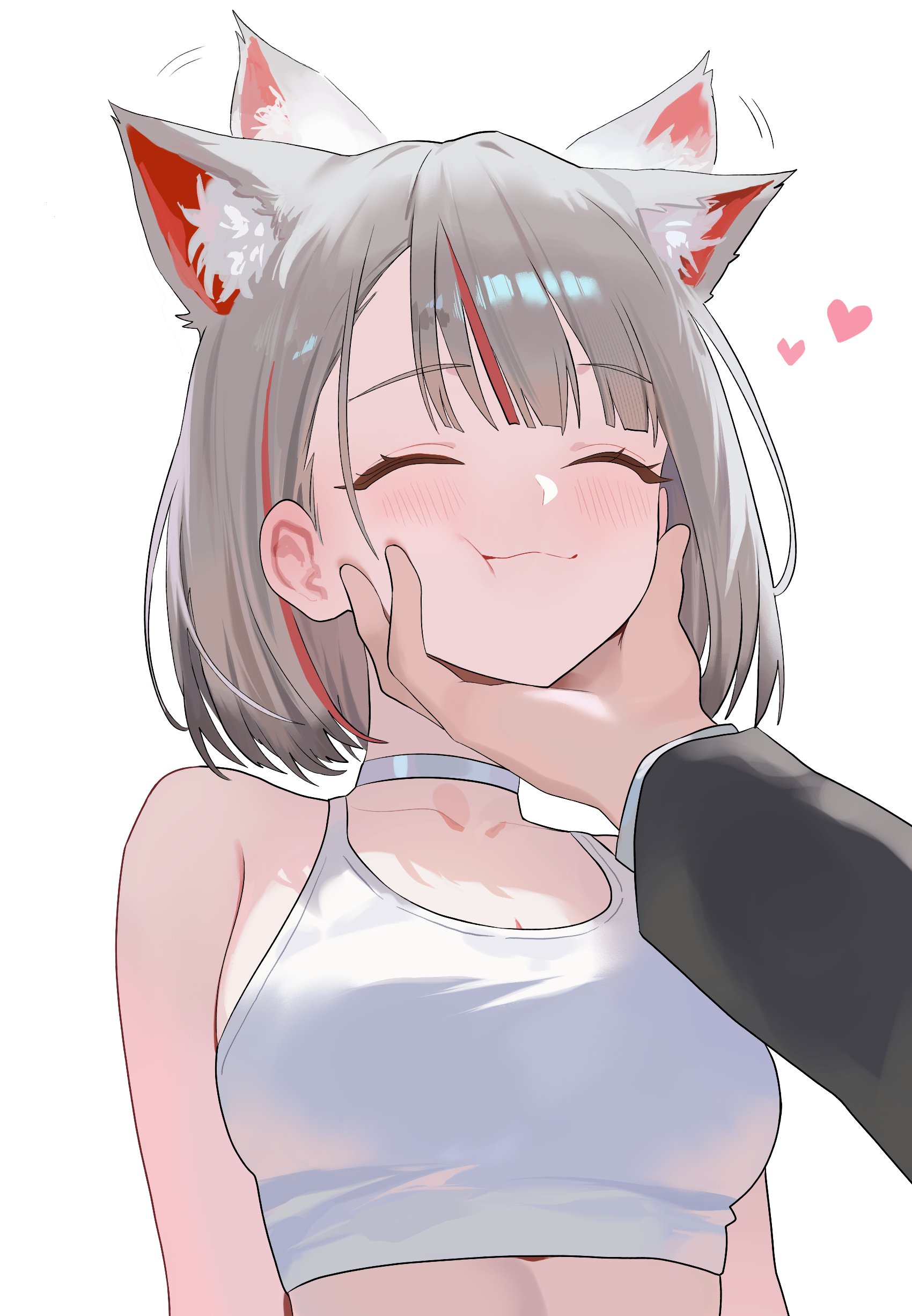 nbee ya, neneko mashiro, stellive, absurdres, highres, 1girl, :3, blush, breasts, collar, crop top, grey hair, heart, short hair, smile