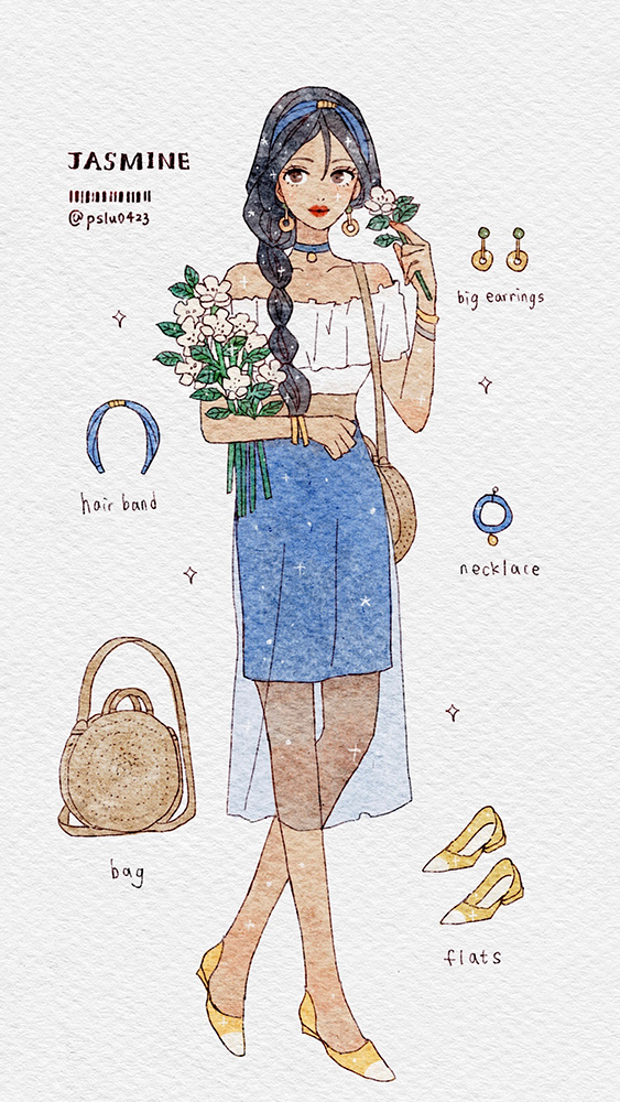 peilu (pslu0423), jasmine (disney), aladdin (movie), 1girl, alternate costume, animification, black hair, brown eyes, contemporary, dark-skinned female, dark skin, earrings, jewelry, long hair, looking at viewer, shirt, smile, solo