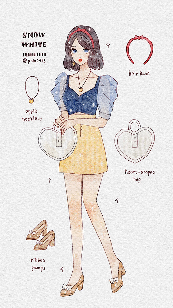 peilu (pslu0423), snow white (disney), snow white and the seven dwarfs (disney), 1girl, alternate costume, animification, black hair, bow, contemporary, hair bow, holding, looking at viewer, puffy short sleeves, puffy sleeves, short hair, short sleeves, solo