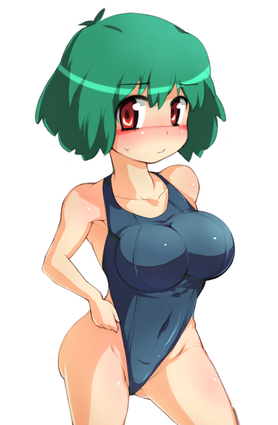 comcom, ranka lee, macross, macross frontier, 00s, 1girl, bad anatomy, blush, breasts, female focus, green hair, highleg, highleg one-piece swimsuit, large breasts, one-piece swimsuit, poorly drawn, red eyes, school swimsuit, short hair, solo, swimsuit