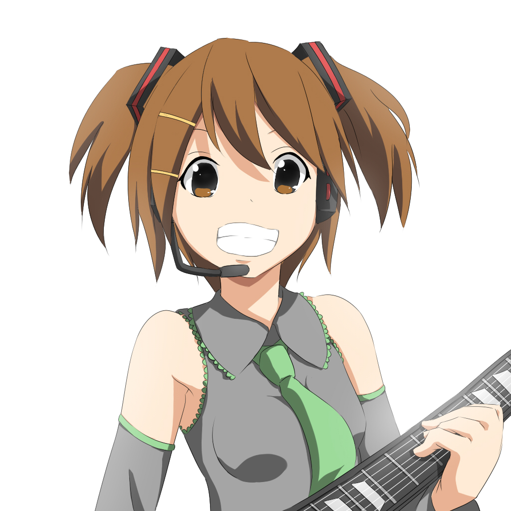 mako (pixiv), hatsune miku, hirasawa yui, k-on!, vocaloid, 1girl, brown eyes, brown hair, cosplay, female focus, grin, guitar, hatsune miku (cosplay), headset, instrument, microphone, necktie, short hair, simple background, smile, solo, twintails