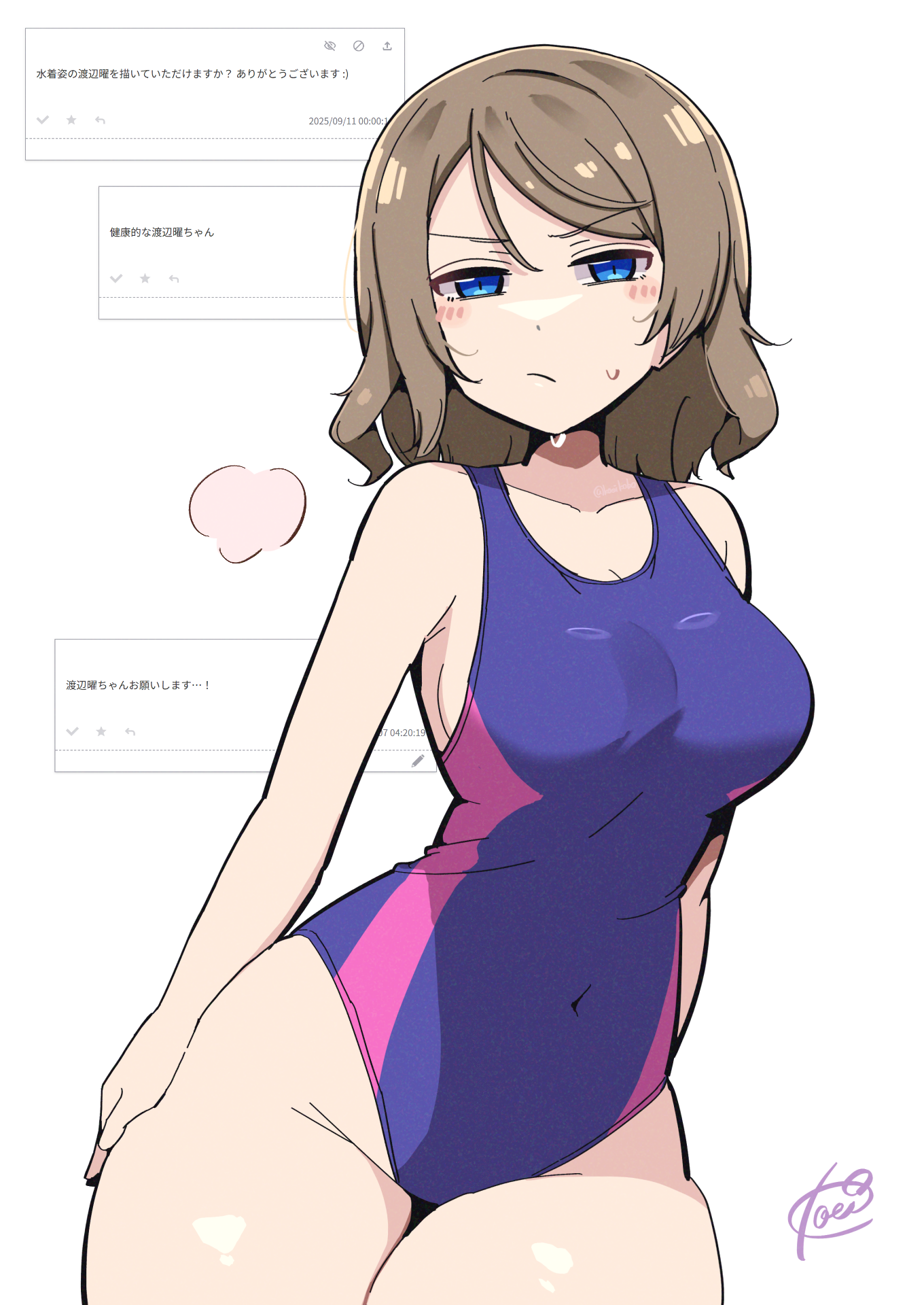 kooei, watanabe you, love live!, love live! sunshine!!, highres, armpit crease, blue eyes, blush, breasts, brown hair, competition swimsuit, covered navel, curvy, dot nose, grey hair, half-closed eyes, hand on own hip, navel, one-piece swimsuit, pout, request inset, school swimsuit, short hair, sideboob, signature, simple background, sitting, squinting, sweat, sweatdrop, swimsuit, thick thighs, thighs, wet, white background