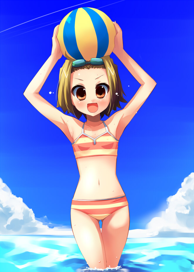 shin (new), tainaka ritsu, k-on!, 00s, 1girl, :d, armpits, ball, beachball, bikini, blonde hair, cloud, day, female focus, flat chest, goggles, navel, open mouth, orange eyes, sky, smile, solo, striped bikini, striped clothes, swimsuit, tomboy, wading, water
