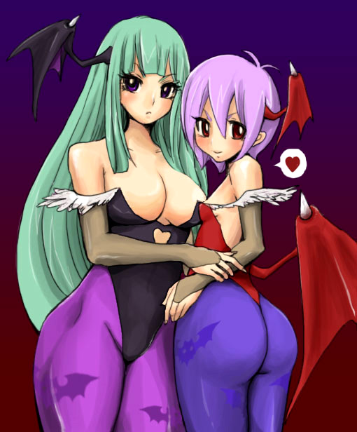 kusonero, lilith (darkstalkers), morrigan aensland, capcom, darkstalkers, print legwear, 2girls, animal print, ass, bare shoulders, bat print, bat wings, blush, breasts, cleavage, demon girl, detached sleeves, elbow gloves, flat chest, gloves, green hair, head wings, heart, highleg, highleg leotard, hip focus, huge ass, large breasts, legs, leotard, long hair, looking back, multiple girls, one-piece thong, panties, pantyhose, pear-shaped figure, purple eyes, purple hair, red eyes, red leotard, short hair, sideboob, speech bubble, thong, thong leotard, underwear, wide hips, wings
