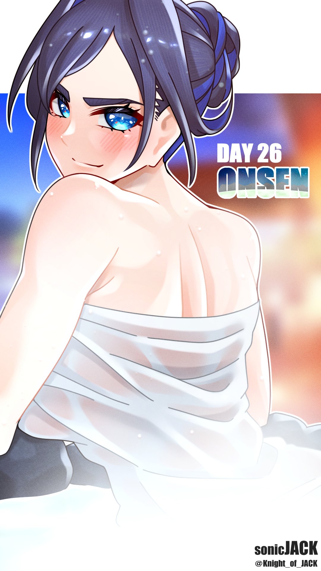 knight of jack, ouro kronii, hololive, hololive english, highres, 1girl, blue eyes, blue hair, blush, looking at viewer, looking back, multicolored hair, onsen, solo, towel, transparent, twitter username, virtual youtuber, wet, wet towel