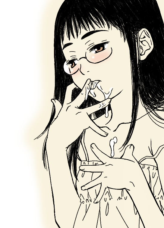 gusu, original, 1girl, black hair, blush, brown eyes, cum, female focus, glasses, licking, licking finger, monochrome, sepia, solo, spot color, tongue