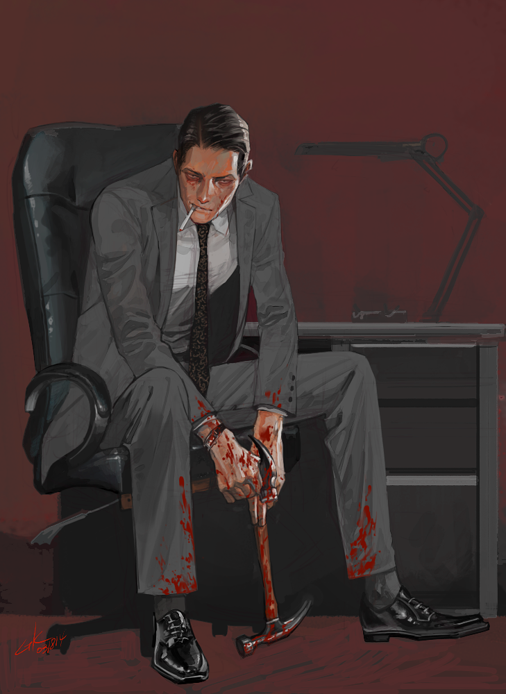 original, 1boy, black eyes, black hair, black necktie, black shoes, blood, blood on clothes, blood on face, blood on hands, bloody weapon, chair, cigarette, collared shirt, ctkcave, dress shoes, formal clothes, grey socks, grey suit, hammer, holding, holding hammer, holding weapon, looking at viewer, male focus, necktie, office chair, old, old man, on chair, parted hair, red background, shirt, shoes, simple background, sitting, smoking, socks, solo, suit, swivel chair, table, watch, weapon, white shirt, wristwatch
