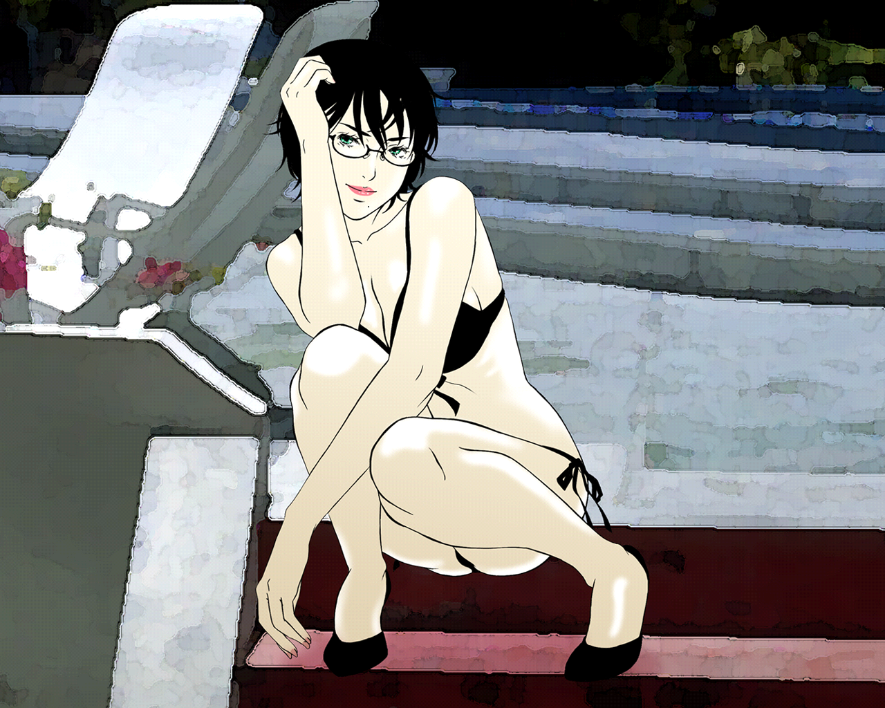 gusu, original, 1girl, bikini, black hair, female focus, glasses, green eyes, lips, mole, mole under mouth, panties, solo, squatting, swimsuit, underwear