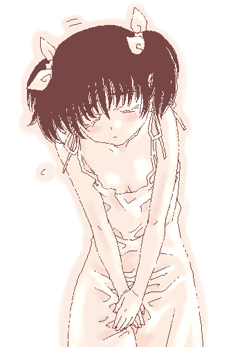 gusu, original, lowres, 1girl, blush, closed eyes, dress, female focus, flat chest, hair ribbon, have to pee, monochrome, oekaki, pink theme, ribbon, sepia, short twintails, solo, twintails