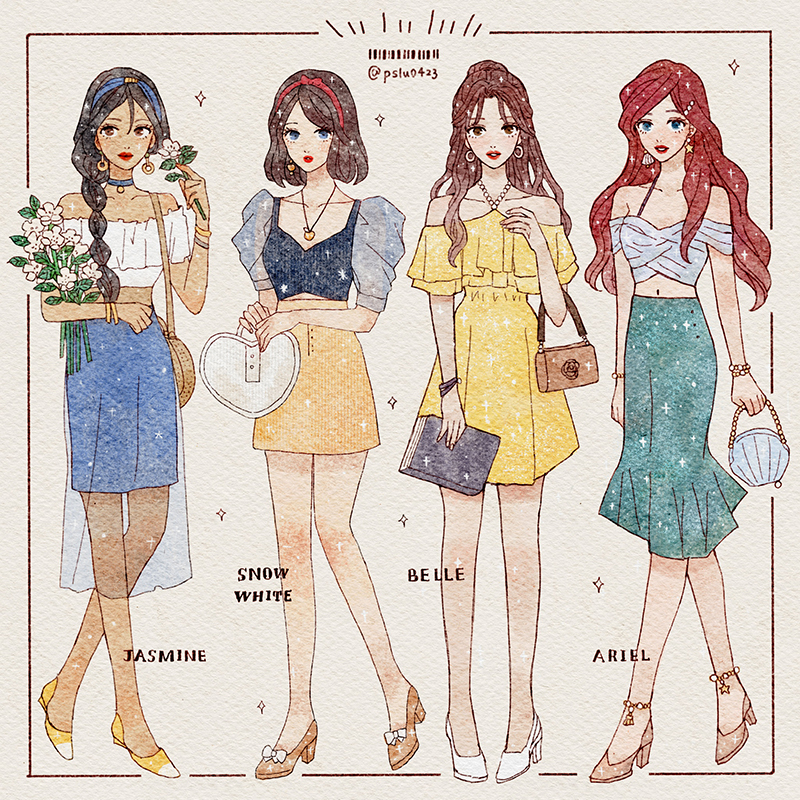 peilu (pslu0423), ariel (disney), belle (disney), jasmine (disney), snow white (disney), aladdin (movie), beauty and the beast (disney), disney, disney princess, snow white and the seven dwarfs (disney), the little mermaid (disney), 4girls, alternate costume, animification, bow, choker, contemporary, hair bow, multiple girls, skirt
