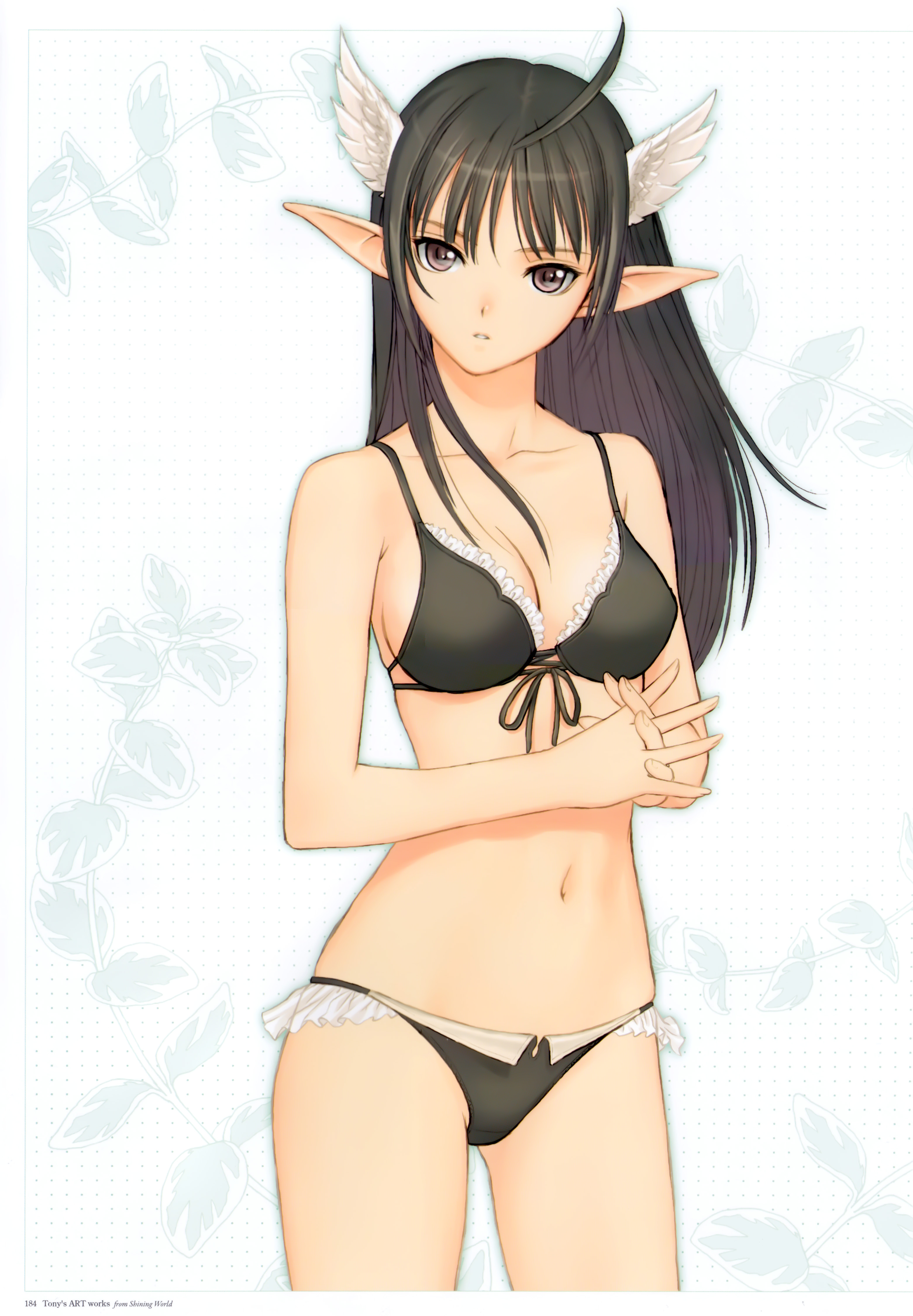 tony taka, xecty ein, sega, shining (series), shining wind, absurdres, highres, 1girl, ahoge, bikini, black bikini, brown eyes, brown hair, elf, female focus, frills, front-tie top, head wings, pointy ears, solo, swimsuit, wings