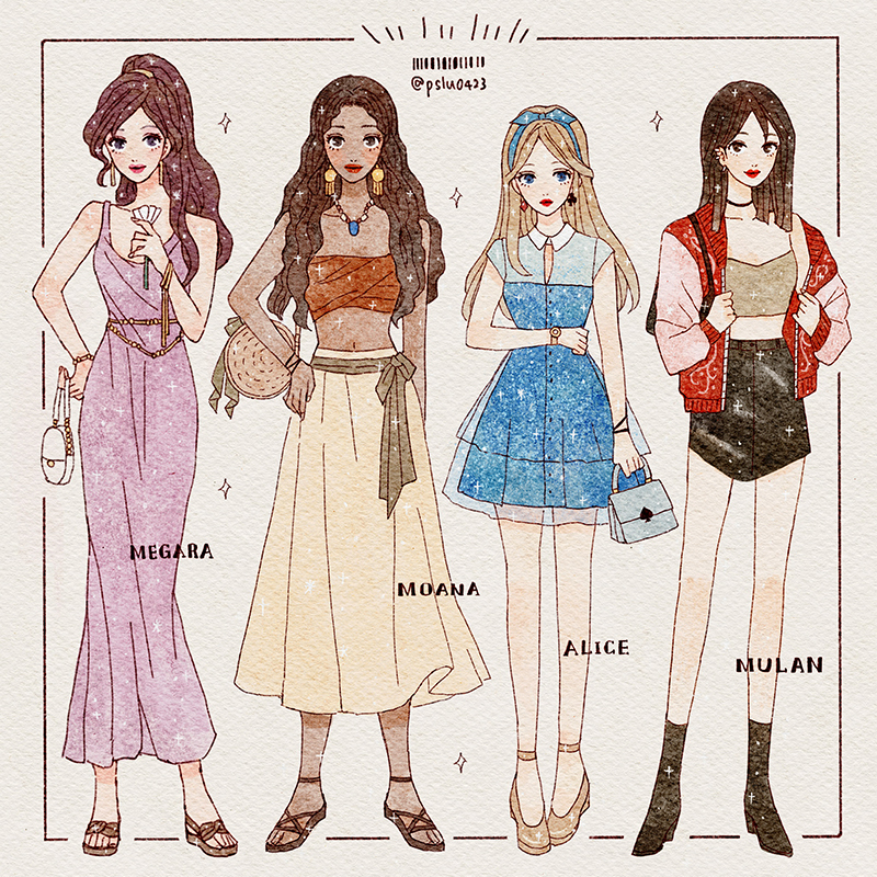peilu (pslu0423), fa mulan (disney), megara (disney), moana waialiki, disney, disney princess, hercules (1997 movie), moana (movie), mulan (movie), 4girls, alice (disney), alice in wonderland (disney), alternate costume, animification, apron, black hair, blonde hair, blue dress, blue eyes, brown eyes, contemporary, dress, hairband, long hair, looking at viewer, multiple girls, short sleeves