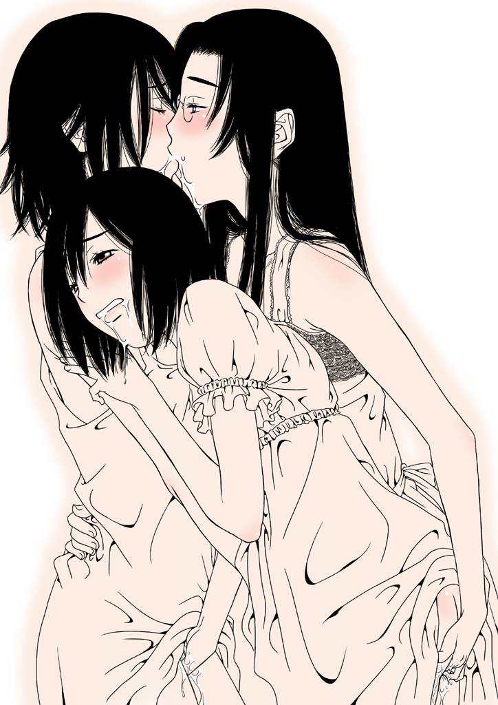 gusu, original, 3girls, fff threesome, fingering, glasses, gritted, group sex, kiss, monochrome, multiple girls, pink theme, pussy juice, saliva, sepia, threesome, white background, yuri