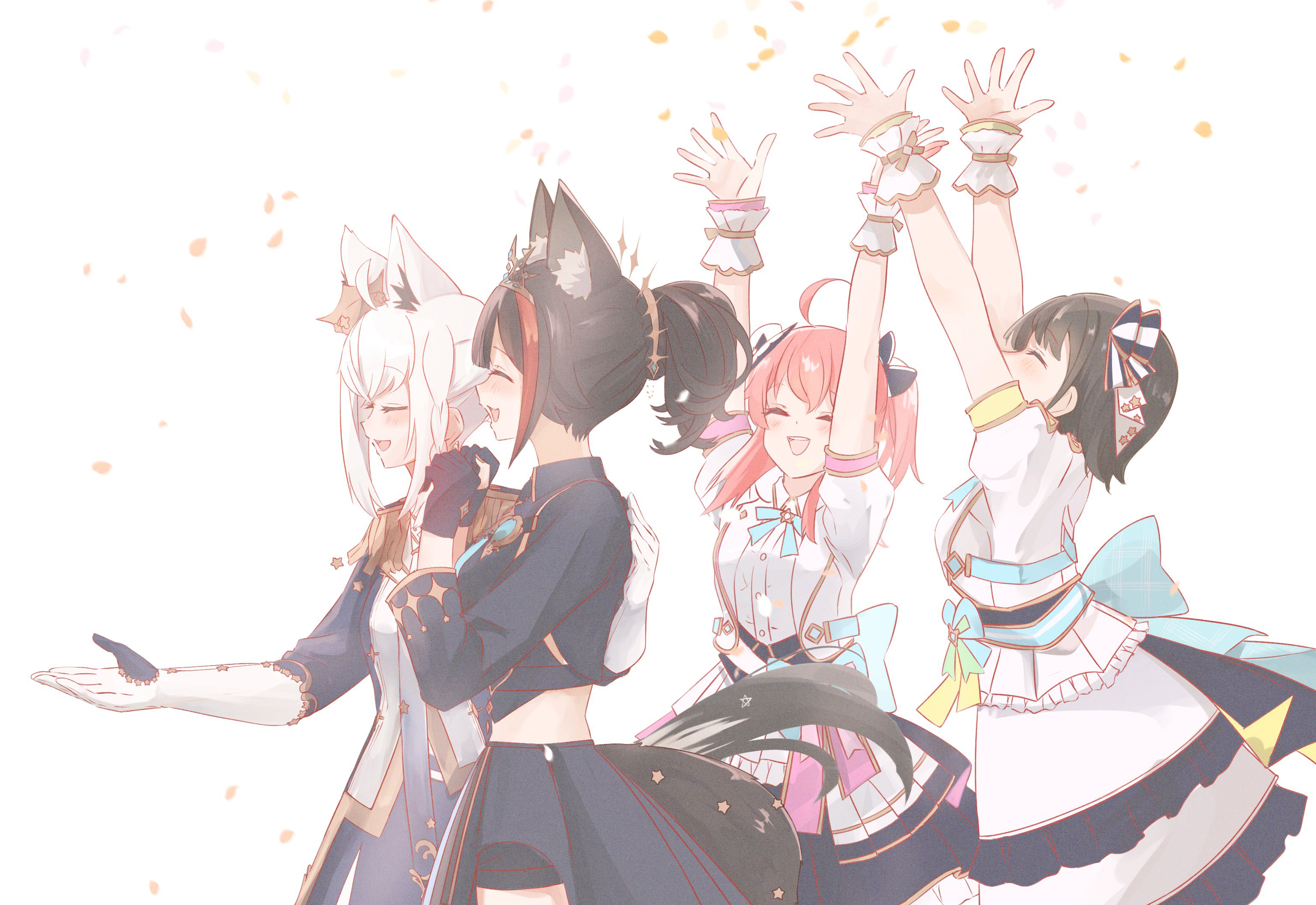 chamomile (kazumasa), ookami mio, ookami mio (our sparkle), oozora subaru, sakura miko, shirakami fubuki, shirakami fubuki (fbkingdom), hololive, commentary request, highres, 4girls, ahoge, animal ear fluff, animal ears, arms up, black hair, black shirt, black skirt, blush, bow, braid, brown hair, closed eyes, confetti, epaulettes, extra ears, fox ears, fox girl, fox tail, gloves, hair between eyes, hair bow, hand on another's back, hololive idol uniform (bright), midriff, multicolored hair, multiple girls, open mouth, pentagram, pink hair, ponytail, red hair, shirt, short hair, short ponytail, sidelocks, simple background, single braid, skirt, smile, streaked hair, tail, virtual youtuber, white background, white gloves, white hair, wolf ears, wolf girl, wolf tail