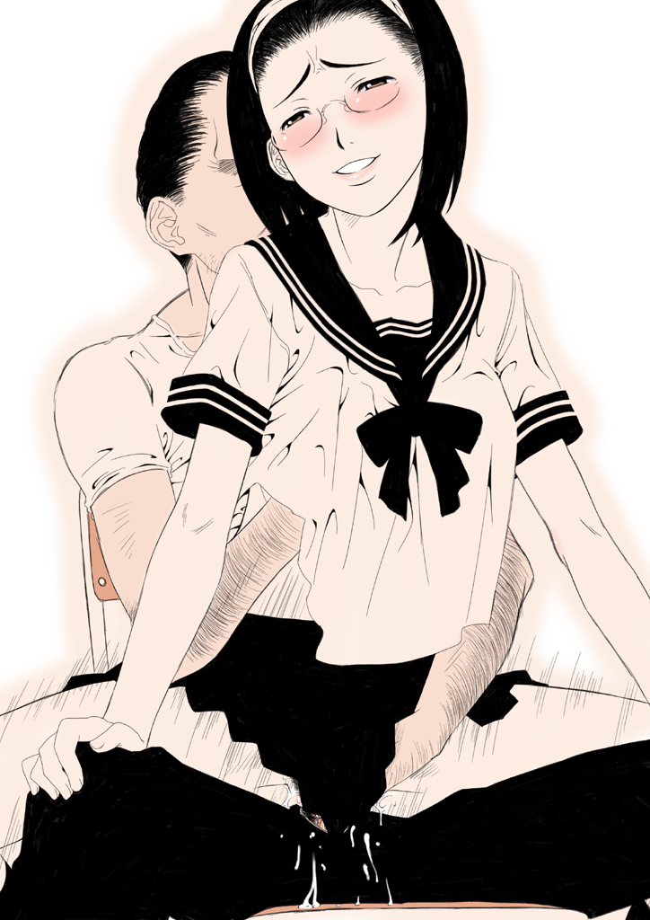 gusu, original, 1boy, 1girl, blush, breasts, clothed sex, female pubic hair, fingering, forehead, girl on top, glasses, grabbing another's breast, groping, hairband, hand under clothes, hand under shirt, hetero, medium breasts, monochrome, no panties, penis, pink theme, pubic hair, reverse cowgirl position, reverse upright straddle, school uniform, sepia, serafuku, sex, sex from behind, shirt, spread legs, straddling, upright straddle, vaginal
