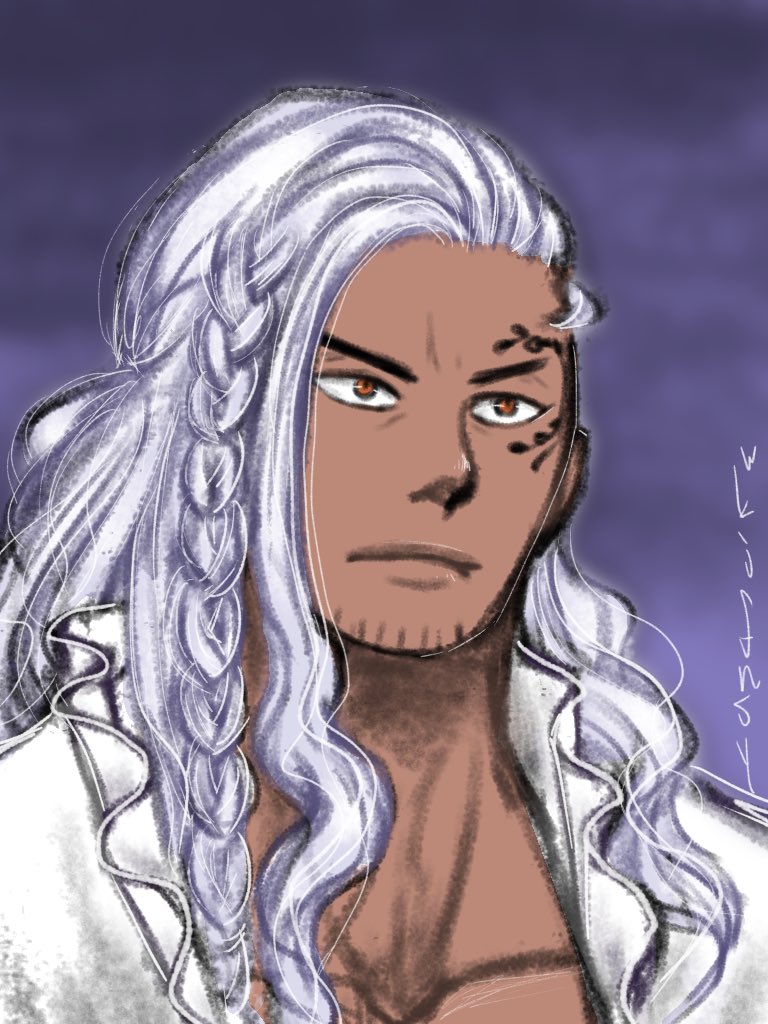 ysnfjkw, king (one piece), one piece, commentary request, 1boy, beard stubble, braid, closed mouth, dark-skinned male, dark skin, facial hair, facial tattoo, frilled shirt, frills, long hair, looking ahead, male focus, shirt, solo, stubble, tattoo, white hair, white shirt