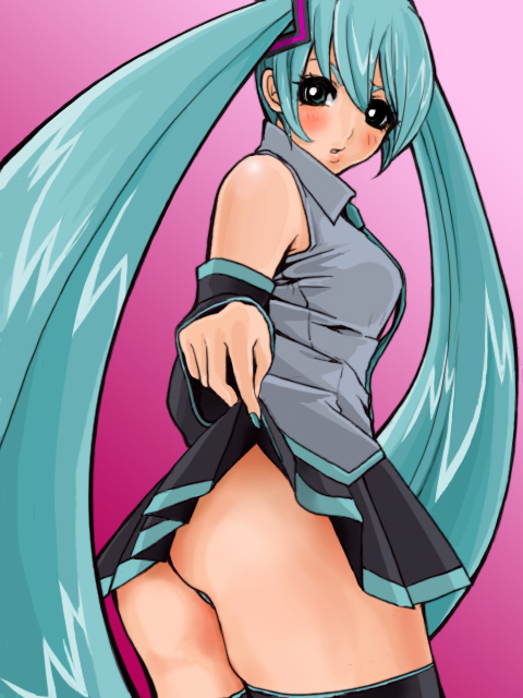 kusonero, hatsune miku, vocaloid, bad id, bad pixiv id, 1girl, :o, aqua eyes, aqua hair, ass, bare shoulders, black thighhighs, blue nails, blush, breasts, clothes lift, detached sleeves, female focus, fingernails, from behind, from below, hair ornament, large breasts, long hair, looking back, miniskirt, nail (hardware), nail polish, necktie, panties, pleated skirt, skirt, skirt lift, solo, standing, thighhighs, twintails, underwear, upskirt, very long hair, zettai ryouiki