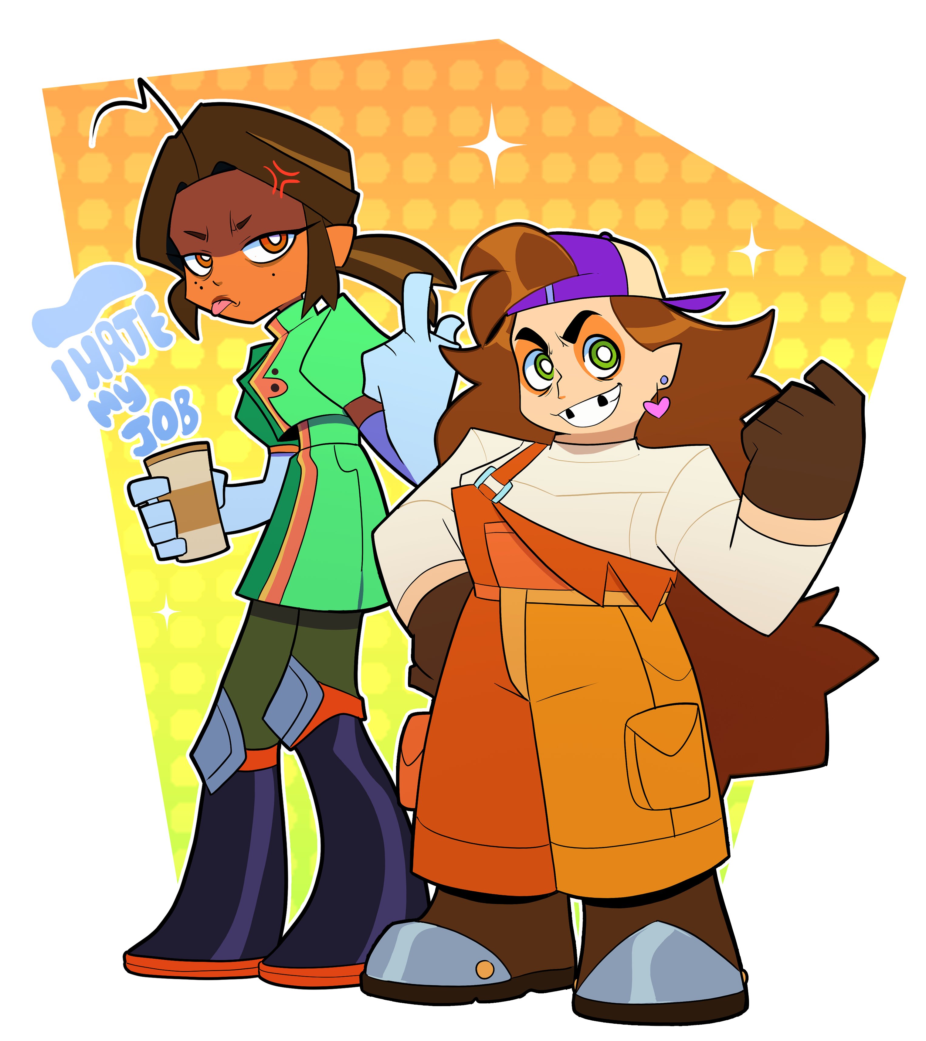 andrea (knights of guinevere), francesca (knights of guinevere), knights of guinevere, absurdres, highres, 2girls, aweirdlatina, black hair, brown hair, cup, gloves, green eyes, hair intakes, hat, long hair, looking at viewer, middle finger, mug, multiple girls, panty & stocking with garterbelt (style), pantyhose, smile