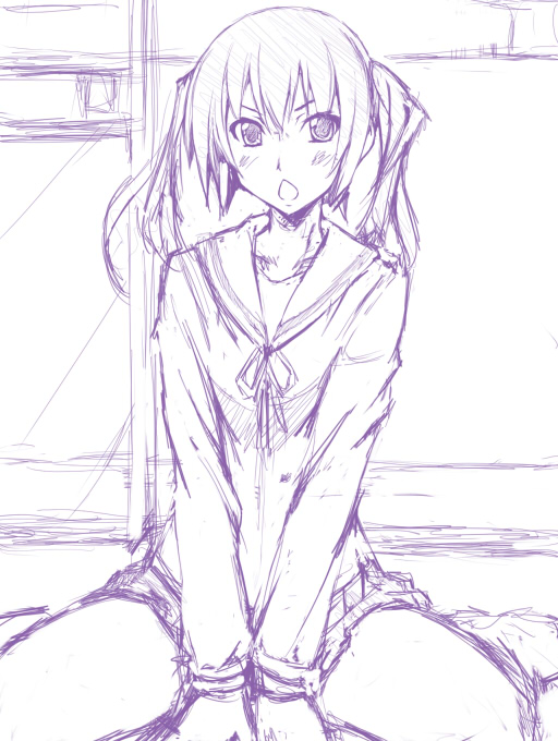 metadora, minami kana, minami-ke, 00s, 1girl, female focus, monochrome, purple theme, school uniform, sketch, solo, twintails