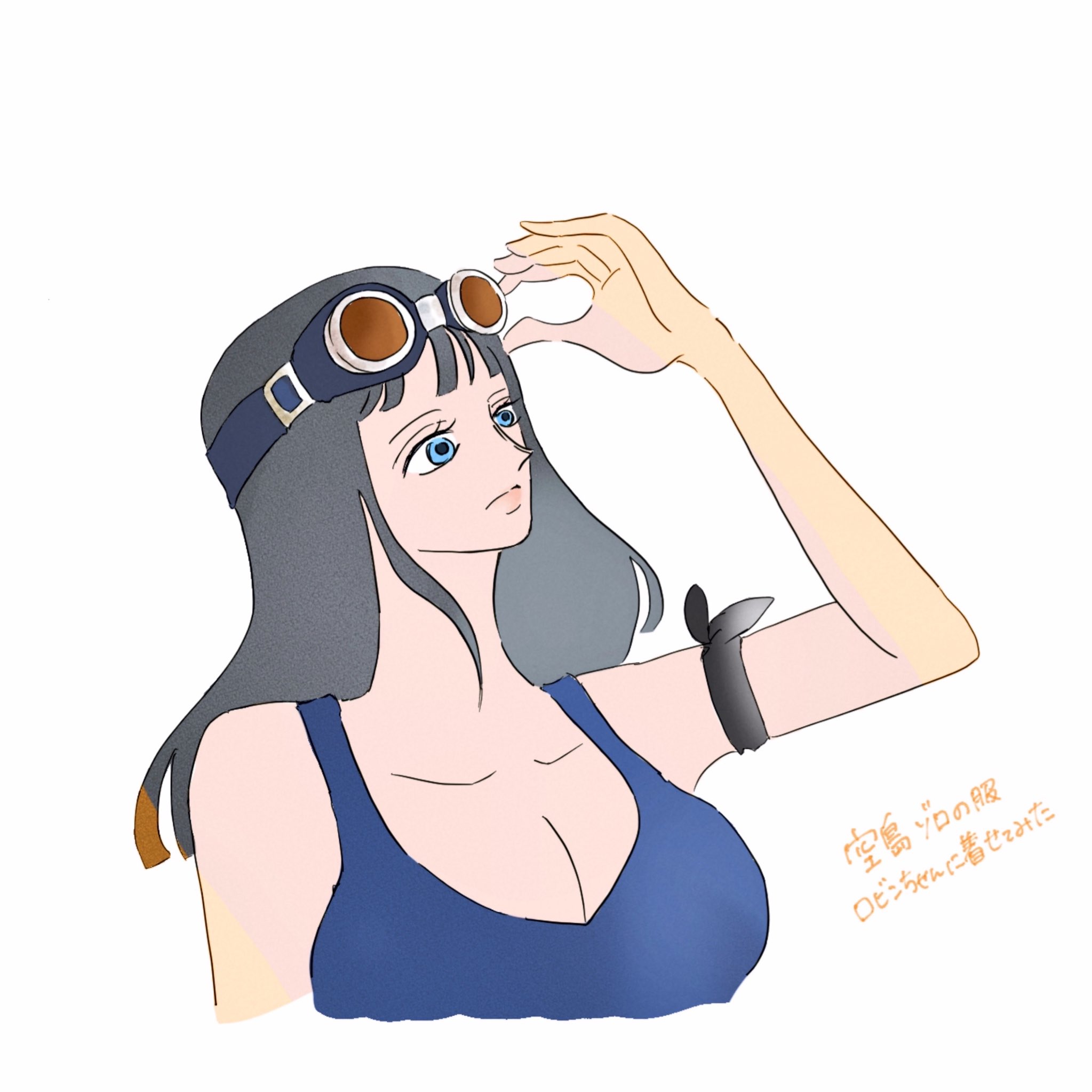 nico robin, roronoa zoro, one piece, highres, 1girl, bandana around arm, black hair, blue tank top, breasts, cleavage, closed mouth, cosplay, eyelashes, goggles, goggles on head, long hair, roronoa zoro (cosplay), rororo bin, simple background, solo, tank top, white background