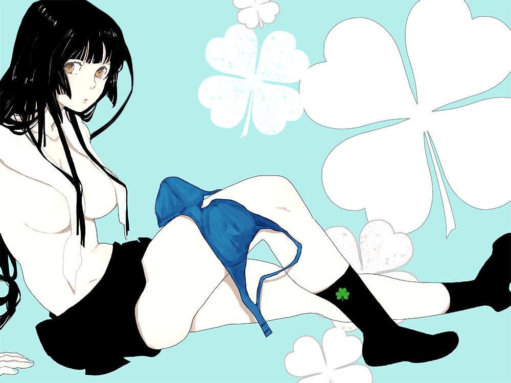 mutsuri, original, 1girl, :o, black hair, black socks, blunt bangs, bra, breasts, brown eyes, clover, female focus, hime cut, legs, lingerie, long hair, miniskirt, sidelocks, sitting, skirt, socks, solo, topless female, towel, underwear, unworn bra