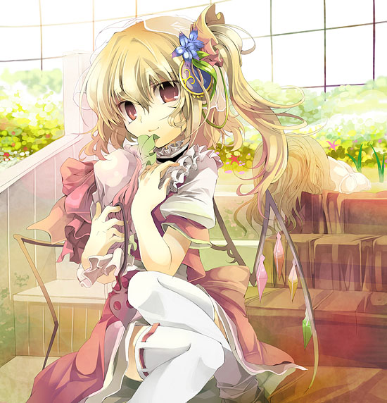 fruit punch, flandre scarlet, touhou, 1girl, alternate costume, blonde hair, female focus, flower, frills, hair flower, hair ornament, hat, holding, holding unworn hat, looking at viewer, red eyes, side ponytail, smile, solo, thighhighs, unworn hat, unworn headwear