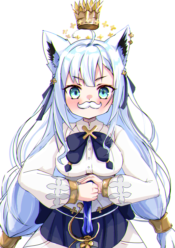 yuusaku (nekorakuda), shirakami fubuki, shirakami fubuki (saint), hololive, commentary request, 1girl, ahoge, animal ear fluff, animal ears, blush, braid, breasts, crown, earrings, fake facial hair, fake mustache, floating crown, fox ears, fox girl, green eyes, hair between eyes, jewelry, long hair, looking at viewer, low twin braids, medium breasts, shirt, sidelocks, simple background, single braid, skirt, solo, twin braids, virtual youtuber, white background, white hair, white shirt, white skirt