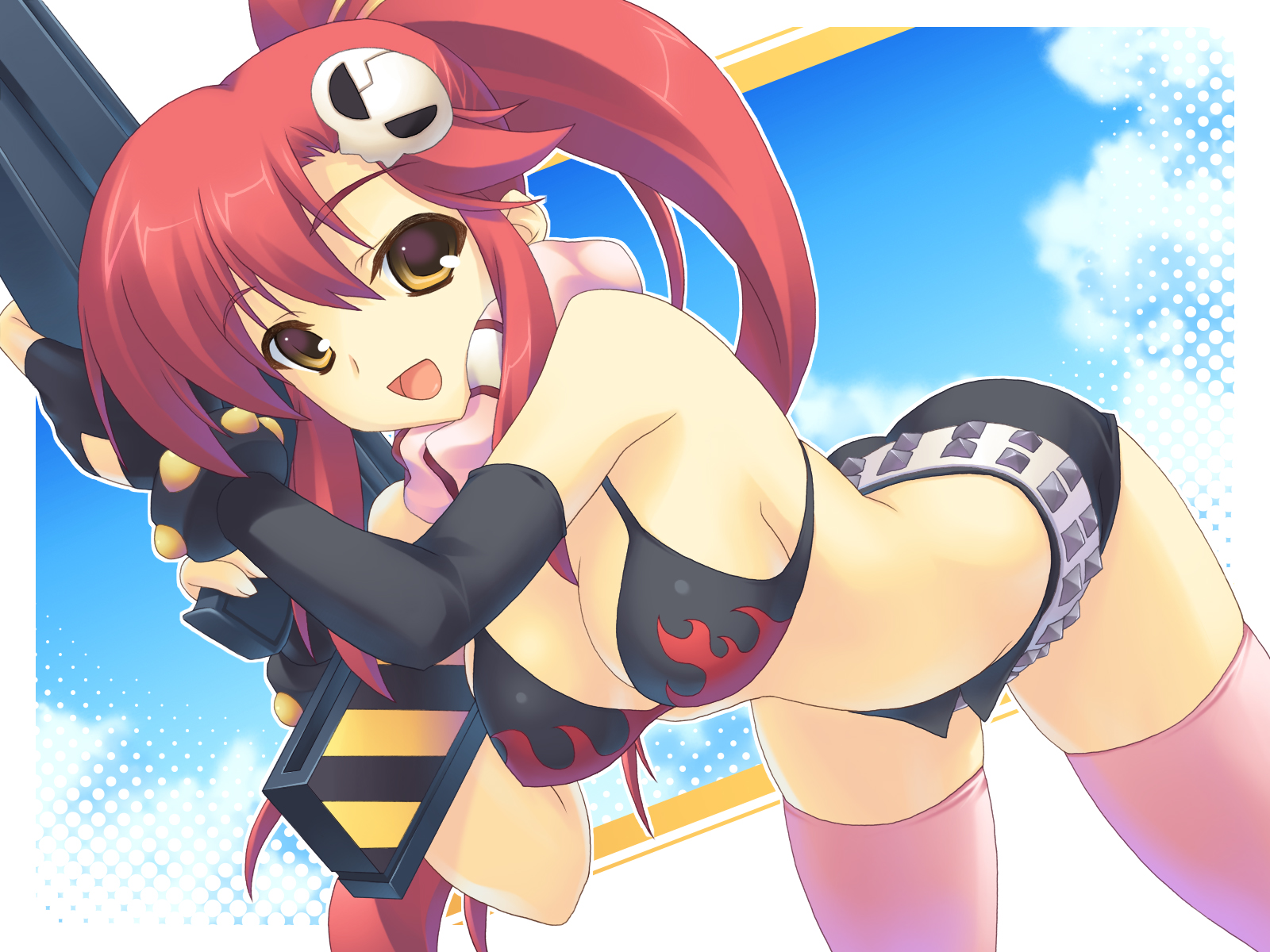aoi sora-maru, yoko littner, tengen toppa gurren lagann, highres, 00s, 1girl, anti-materiel rifle, belt, bent over, bikini, bikini top only, black bikini, breasts, brown eyes, cleavage, female focus, fingerless gloves, gloves, gun, hair ornament, midriff, pink thighhighs, ponytail, red hair, rifle, scarf, shorts, sidelocks, sniper rifle, solo, swimsuit, thighhighs, weapon