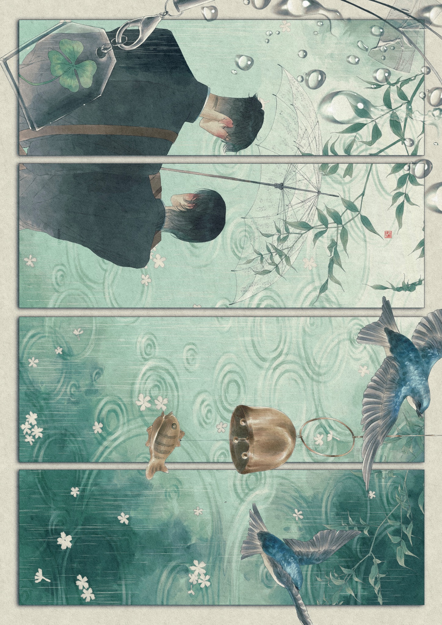 original, highres, 2boys, bag, bell, bird, black hair, blue bird, box, clover, exif rotation, fish, flower, four-leaf clover, from behind, green water, holding, holding box, kieltokki, male focus, multiple boys, omamori, plant, rain, ripples, school uniform, shared umbrella, shoulder bag, tape, transparent, transparent umbrella, umbrella, water, water drop, white flower