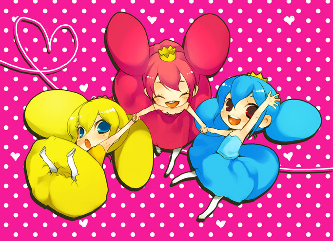 mitsubachi koucha, beatmania iidx, bemani, smooooch, bad id, bad pixiv id, blonde hair, blue eyes, blue hair, blush, chibi, child, closed eyes, dress, happy, red eyes, red hair, waving