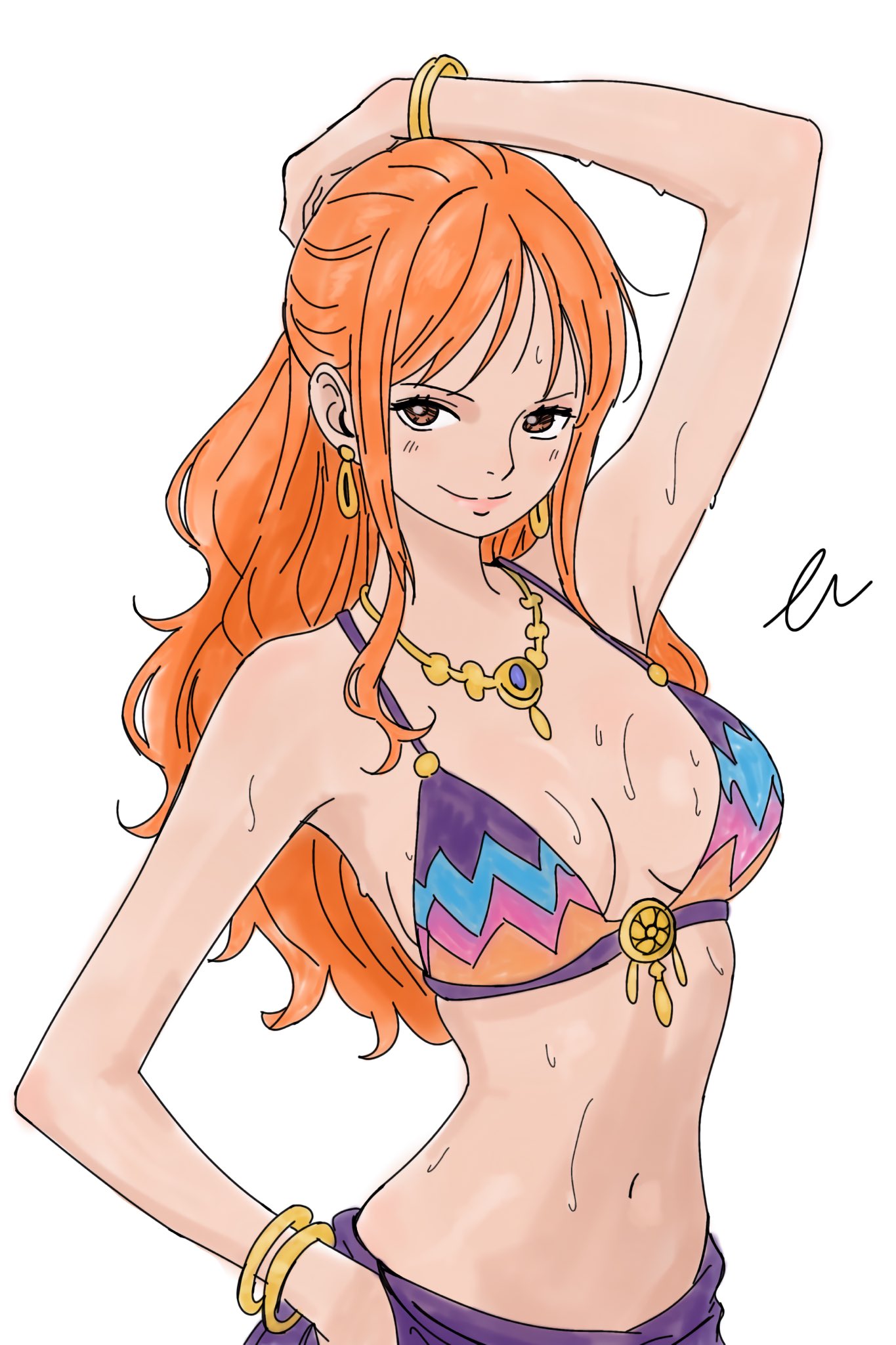 ten268, nami (one piece), one piece, highres, 1girl, arm up, bikini, blush, bracelet, closed mouth, earrings, half updo, hand on own hip, jewelry, long hair, navel, orange hair, purple sarong, sarong, simple background, smile, solo, swimsuit, water drop, white background