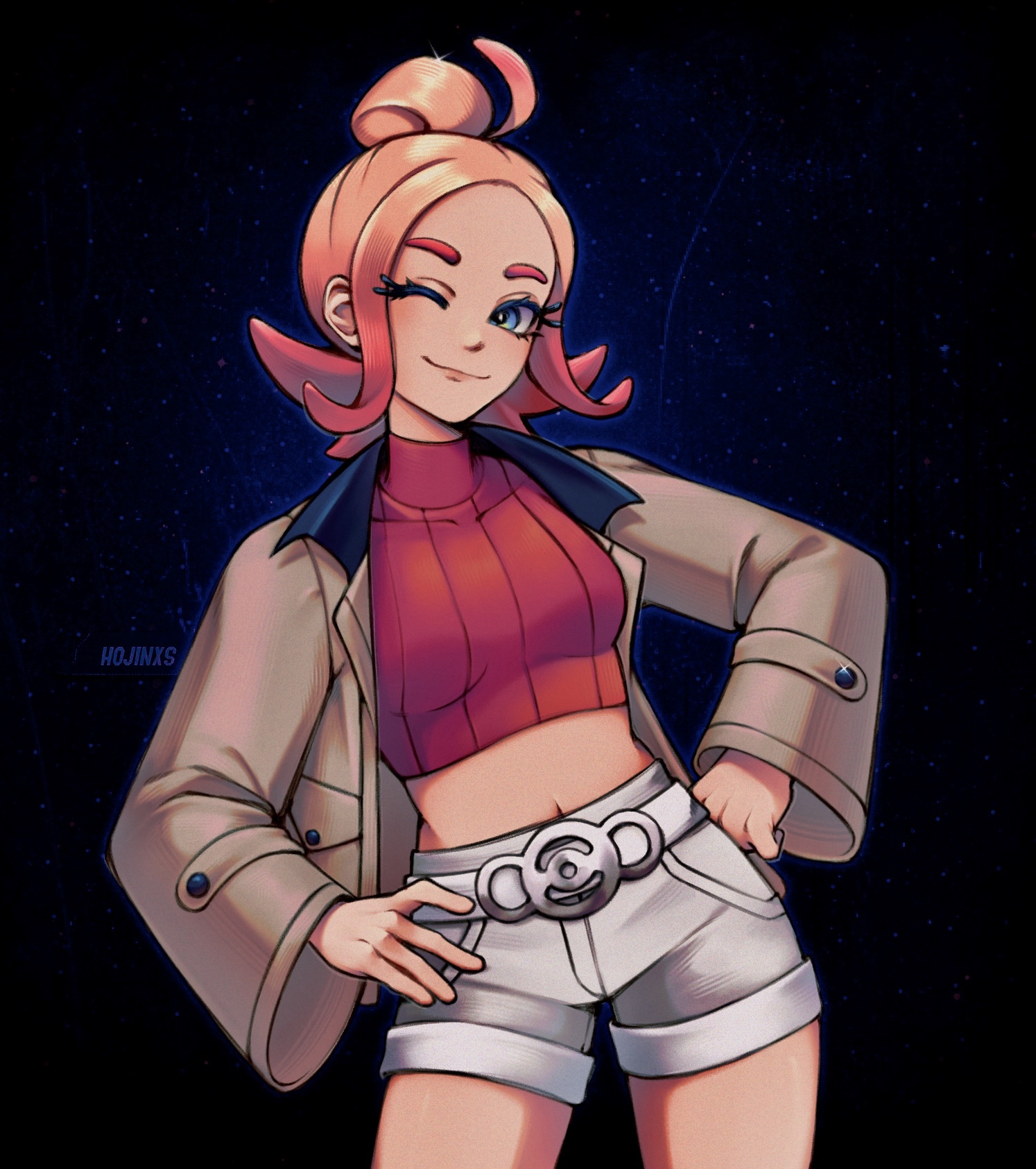 hojinxs, taunie (pokemon), nintendo, pokemon, pokemon legends: z-a, highres, 1girl, ;), ahoge, artist name, belt, blonde hair, blue eyes, breasts, brown jacket, closed mouth, covered collarbone, cowboy shot, cropped shirt, eyelashes, hands on own hips, jacket, midriff, navel, one eye closed, open clothes, open jacket, red shirt, ribbed shirt, shirt, shorts, smile, solo