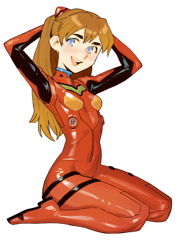 effy neprin, souryuu asuka langley, neon genesis evangelion, alt text, 1girl, arms behind head, arms up, blue eyes, bodysuit, breasts, brown hair, full body, long hair, looking at viewer, mecha pilot suit, plugsuit (evangelion), red bodysuit, shiny clothes, simple background, sitting, small breasts, solo, teeth, tongue, upper teeth only, wariza, white background