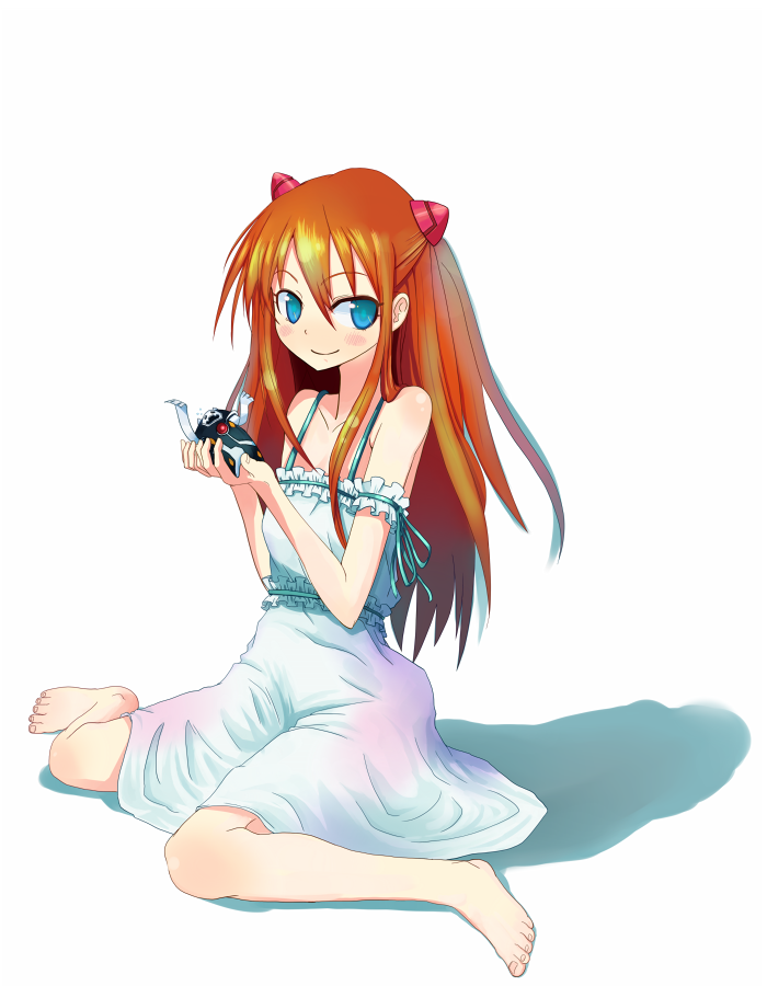yammy (artist), yammy (cellblo), souryuu asuka langley, neon genesis evangelion, 1girl, barefoot, blue eyes, blush, brown hair, dress, feet, female focus, kneeling, long hair, sitting, smile, solo, toy, wariza, white dress