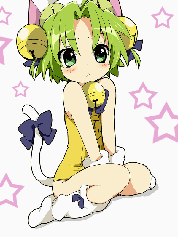 maruki (punchiki), chidejika, dejiko, di gi charat, japan commercial broadcasters association, bad id, bad pixiv id, 1girl, :<, animal ears, bare shoulders, bell, between thighs, blush, bow, cat ears, cat tail, chidejika (cosplay), child, cosplay, dutch angle, embarrassed, female focus, gloves, green eyes, green hair, hair bell, hair ornament, hat, jingle bell, kneeling, loose socks, matching hair/eyes, one-piece swimsuit, ribbon, school swimsuit, short hair, simple background, sitting, socks, solo, star (symbol), swimsuit, tail, tail ornament, tail ribbon, thighs, v arms, yellow one-piece swimsuit